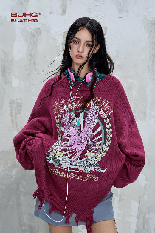 BJHG不计后果趣味飞马毛衣男款秋冬季宽松做旧美式街头针织毛衣女 商品图5