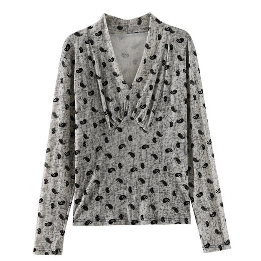 KQL 369H9995气质V领长袖t恤洋气妈妈装网纱上衣 商品图4