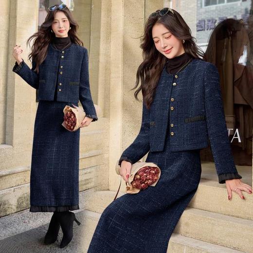 HR YJLY8676小香法式气质撞色花边长裙两件套 商品图1