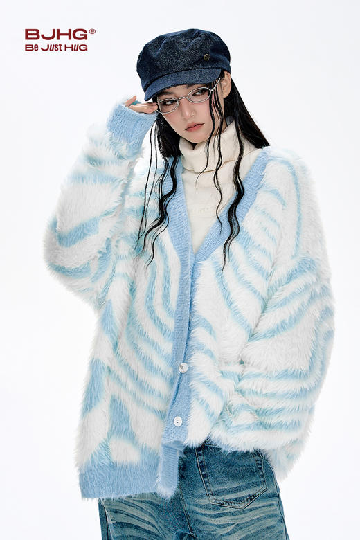 BJHG不计后果斑马纹毛衣男款秋新款仿貂毛宽松针织开衫情侣毛衣女 商品图5