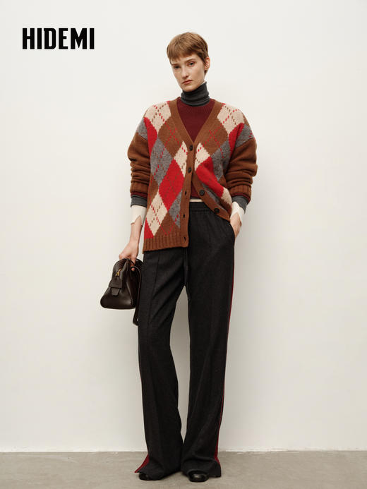 HIDEMI 进口绵羊毛侧缝条纹拼接撞色抽绳加厚阔腿裤长裤 商品图9