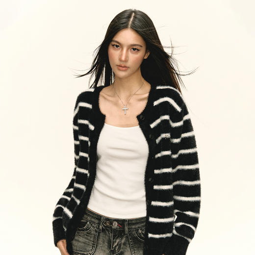 Ariseism 美式复古设计感条纹开衫毛衣外套女秋季新款宽松上衣 商品图3