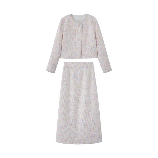 HR YJLY8672小香粗花呢钉珠斜门襟长裙两件套 商品图3