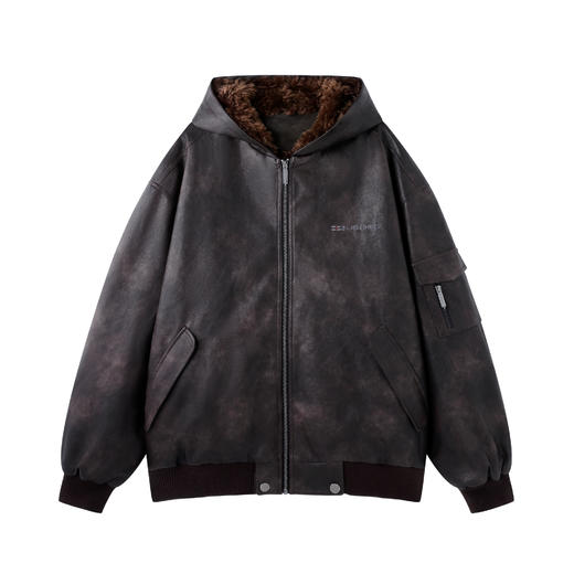 BJHG不计后果做旧PU皮飞行夹克棉服男款秋冬季复古连帽机能风外套 商品图2
