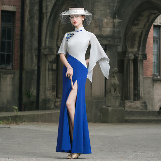 新款撞色拼接复古高端时尚改良走秀礼服演出服加长款年轻款旗袍 商品图0