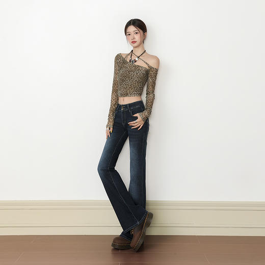 罗蒙女士牛仔裤美式复古低腰微喇辣妹修身直筒长裤子百搭弹力拖地喇叭裤子 商品图3