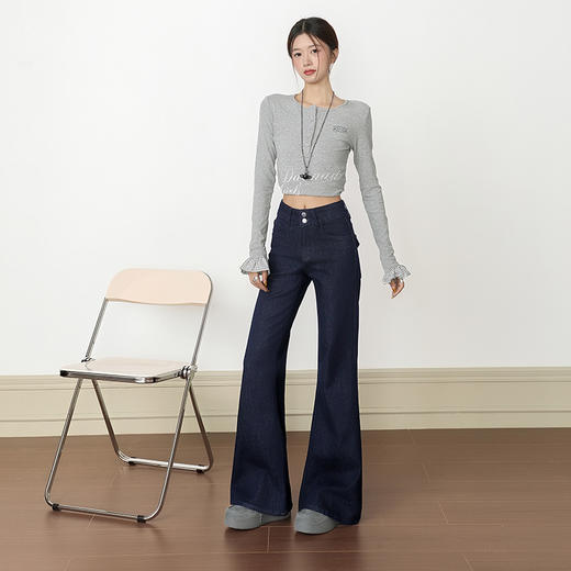 罗蒙女士微喇叭牛仔裤百搭修身垂感马蹄长裤高腰显瘦设计拖地喇叭裤 商品图4