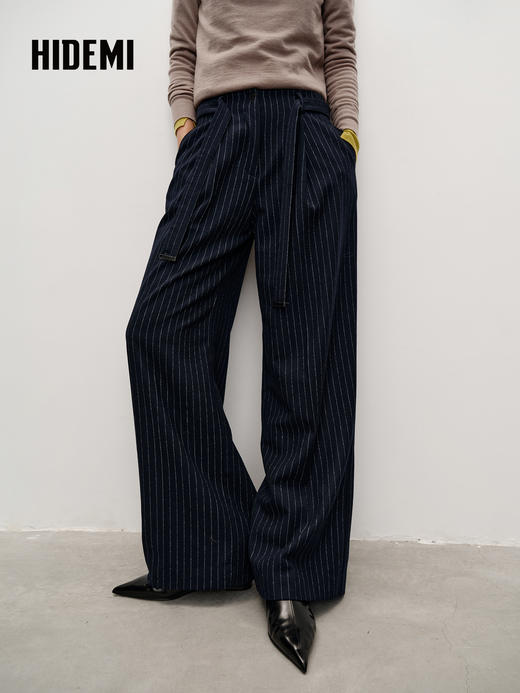HIDEMI 进口绵羊毛色织可拆卸腰带条纹阔腿裤加厚款长裤 商品图1