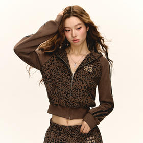 Ariseism美式复古设计感豹纹连帽开衫卫衣外套女秋季新款短款上衣