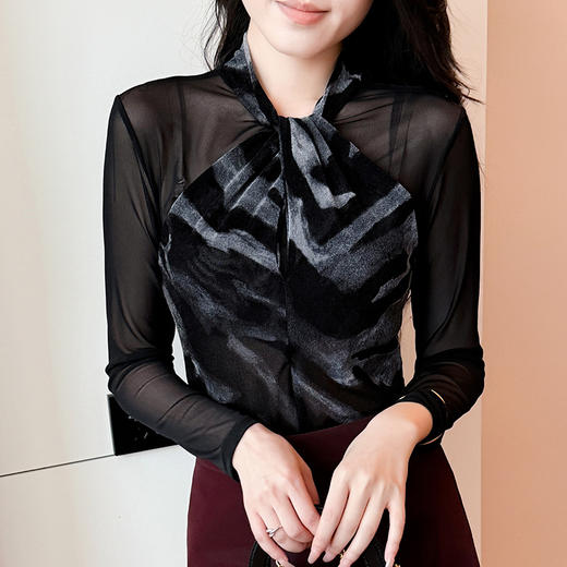 A55F87262025秋冬新款性感网纱复古印花小衫长袖上衣时尚打底衫 商品图3