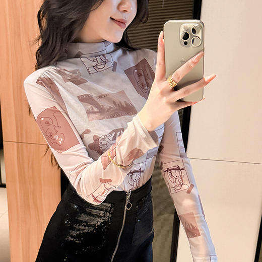 KQLA55F8709 2025新款高端半高领网纱打底衫内搭流行爆款女士纱衣t恤上衣 商品图0