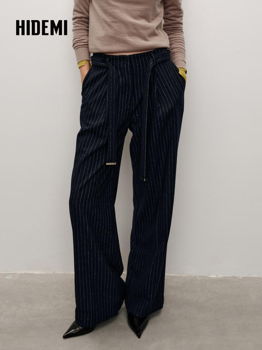 HIDEMI 进口绵羊毛色织可拆卸腰带条纹阔腿裤加厚款长裤 商品图0