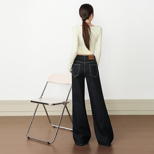 罗蒙秋冬女士牛仔裤深色微喇叭牛仔裤百搭低腰马蹄裤子复古显瘦宽松拖地裤 商品图6