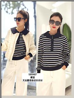 588487天丝翻领条纹衫套头针织衫 商品图0