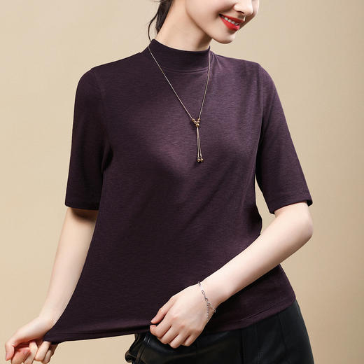 「自j」全新升级【铂金会员109/天猫149/差价40】(03142)洛诗琳兰精天丝小立领T恤2025秋季新款极简气质五分袖上衣 商品图2