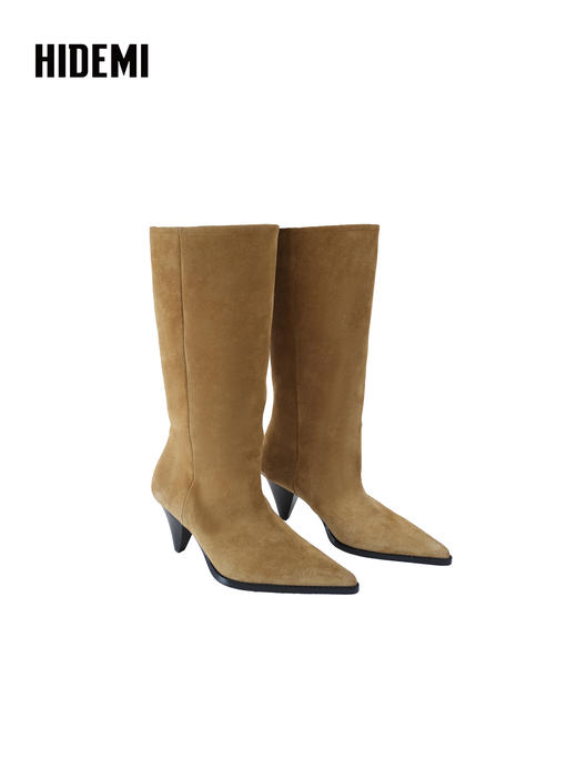 HIDEMI 进口头层牛皮麂皮切尔西锥形跟尖头堆堆靴长靴骑士靴 商品图6