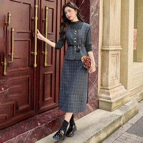 HR YJLY8673百搭气质格纹三件套裙配腰带
