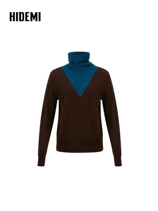HIDEMI 进口美利奴羊毛V型撞色拼接高领毛衣 棕蓝/黑白 商品图3