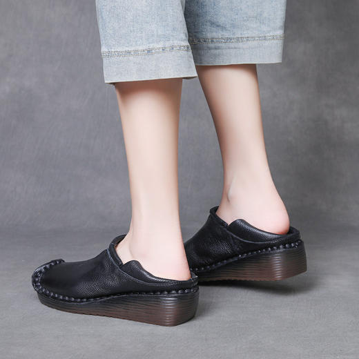 WA53672025春新款头层牛皮坡跟女鞋真皮复古两穿缝包鞋软底妈妈鞋套 商品图2