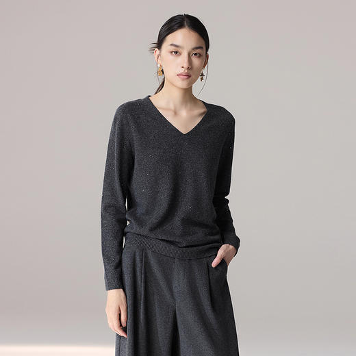 【林栖设计小店】V领绵羊毛织上衣优雅百搭多色珠片显瘦2025秋冬新款长袖毛衣1954029 商品图1