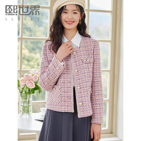 【专属秒杀价】熙世界贝壳粉小香风外套女短款2025春秋新款珠片织带名媛气质上衣