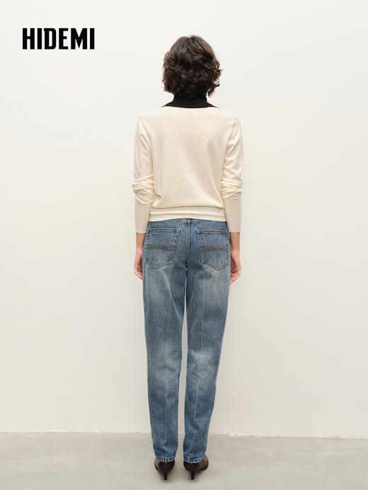 HIDEMI 进口美利奴羊毛V型撞色拼接高领毛衣 棕蓝/黑白 商品图2