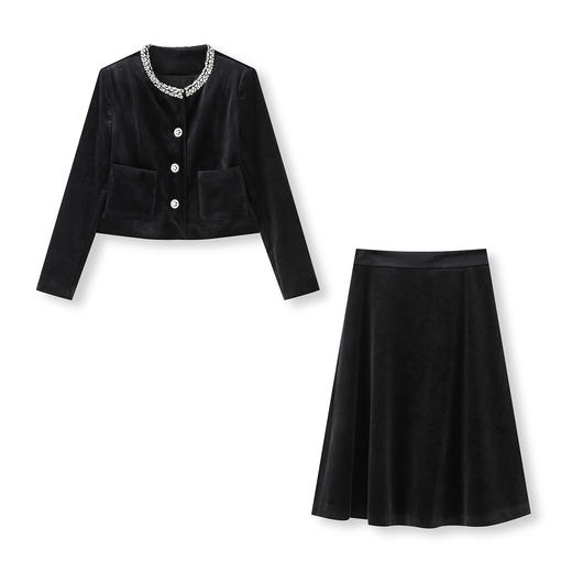 「高货wl」全新升级【铂金会员496/天猫669/差价173】(99223)洛诗琳2025秋季法式重工钉钻丝绒短外套A字半身裙两件套 商品图4