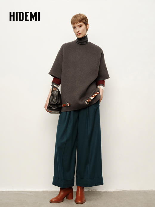 HIDEMI 进口绵羊毛宽边卷边加厚阔腿九分裤靴裤 宝石蓝 商品图5