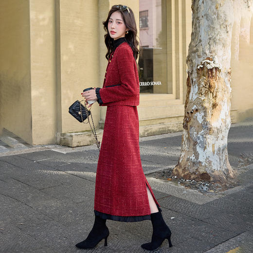 HR YJLY8676小香法式气质撞色花边长裙两件套 商品图2