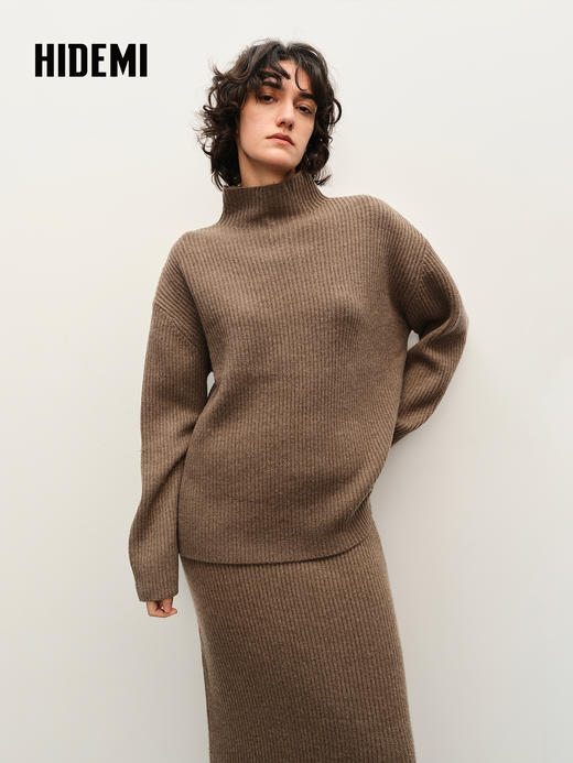 HIDEMI 栗子色羊毛小立领厚款两件套 小立领上衣/半裙 商品图4