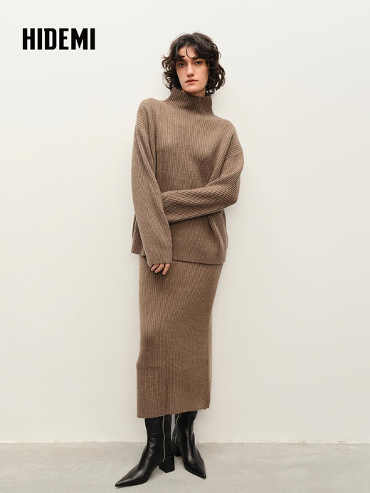 HIDEMI 栗子色羊毛小立领厚款两件套 小立领上衣/半裙 商品图2