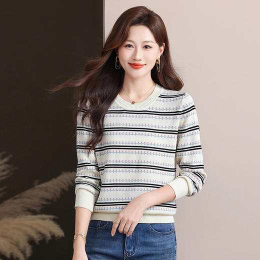 秋冬新款毛衣女士条纹撞色针织衫百搭显瘦打底衫优雅短款套头上衣 商品图1
