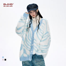 BJHG不计后果斑马纹毛衣男款秋新款仿貂毛宽松针织开衫情侣毛衣女