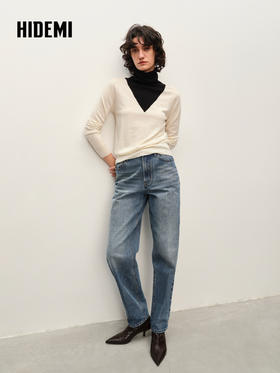 HIDEMI 进口美利奴羊毛V型撞色拼接高领毛衣 棕蓝/黑白