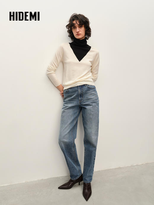 HIDEMI 进口美利奴羊毛V型撞色拼接高领毛衣 棕蓝/黑白 商品图0