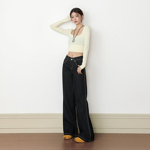 罗蒙秋冬女士牛仔裤深色微喇叭牛仔裤百搭低腰马蹄裤子复古显瘦宽松拖地裤 商品图5