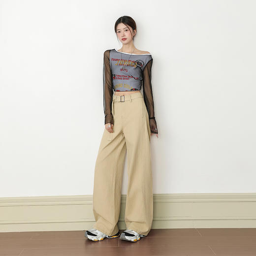 罗蒙女士牛仔裤美式复古带腰带阔腿高腰宽松显瘦垂感休闲直筒牛仔裤 商品图1