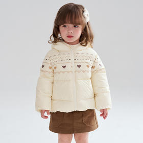 笛莎Deesha 2025冬季女童甜美费尔岛印花三防连帽轻薄羽绒服