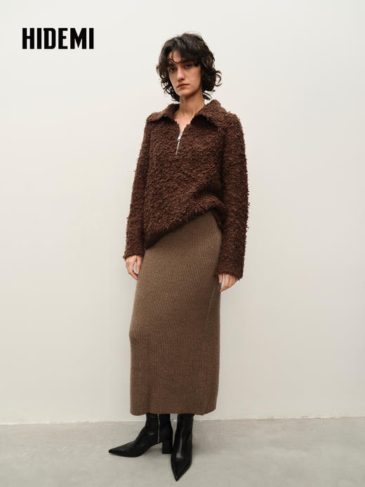 HIDEMI 栗子色羊毛小立领厚款两件套 小立领上衣/半裙 商品图8