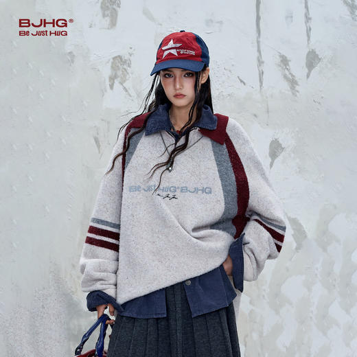 BJHG不计后果撞色针织毛衣男款秋冬季复古运动学院风翻领polo衫女 商品图1