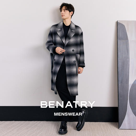 贝纳川冬季长款黑白格子羊毛大衣ECT328003 商品图4
