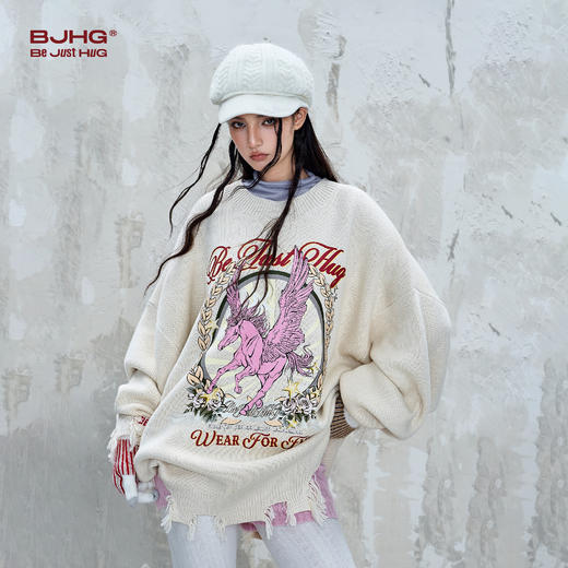 BJHG不计后果趣味飞马毛衣男款秋冬季宽松做旧美式街头针织毛衣女 商品图2