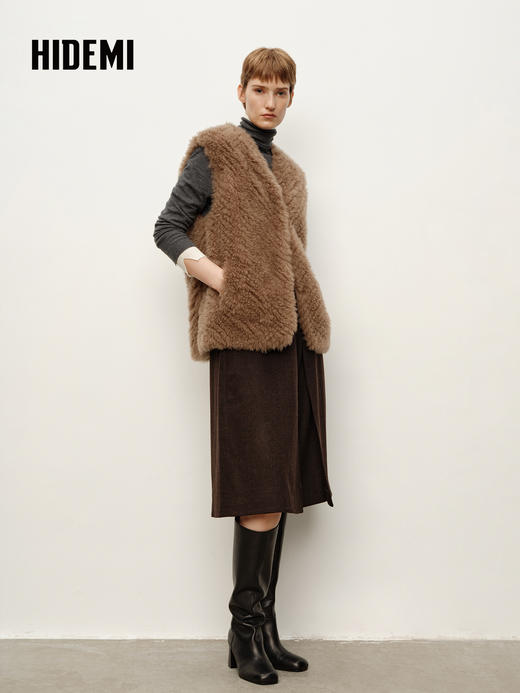 HIDEMI 进口西班牙极细羊羔毛背心马甲皮毛一体 摩卡灰 商品图2