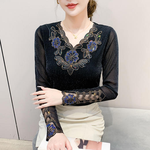 KQL 462H7273上衣优雅花边拼接烫钻洋气网纱收腰气质t恤 商品图2