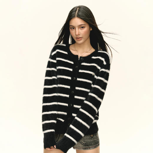 Ariseism 美式复古设计感条纹开衫毛衣外套女秋季新款宽松上衣 商品图2