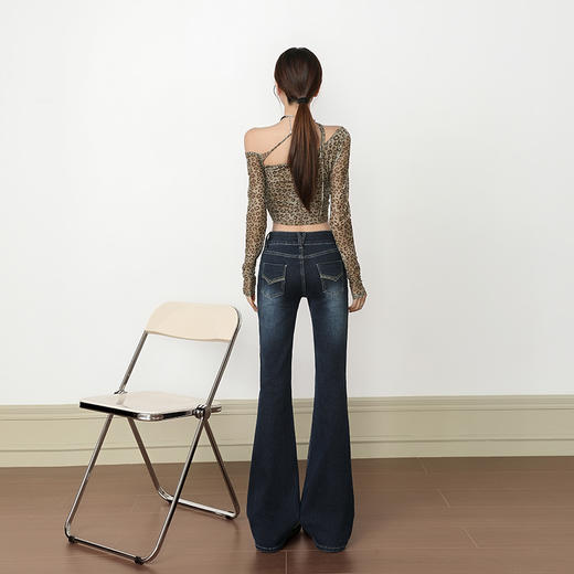 罗蒙女士牛仔裤美式复古低腰微喇辣妹修身直筒长裤子百搭弹力拖地喇叭裤子 商品图5