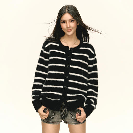 Ariseism 美式复古设计感条纹开衫毛衣外套女秋季新款宽松上衣 商品图1
