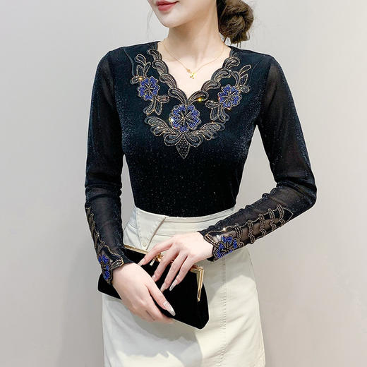 KQL 462H7273上衣优雅花边拼接烫钻洋气网纱收腰气质t恤 商品图1