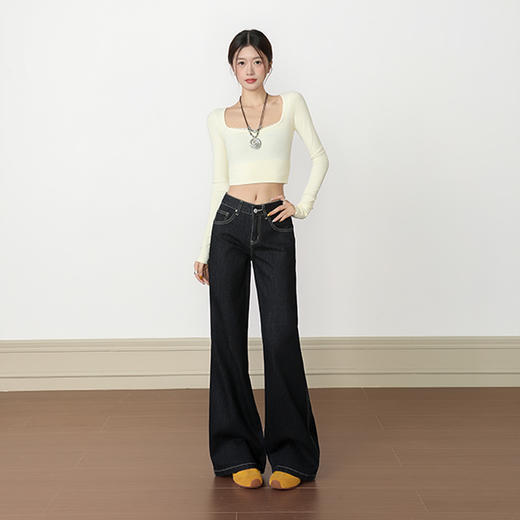 罗蒙秋冬女士牛仔裤深色微喇叭牛仔裤百搭低腰马蹄裤子复古显瘦宽松拖地裤 商品图2