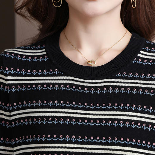 秋冬新款毛衣女士条纹撞色针织衫百搭显瘦打底衫优雅短款套头上衣 商品图3